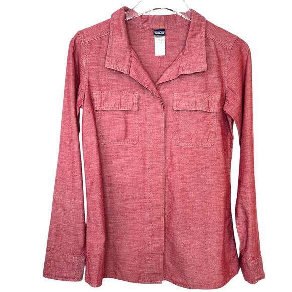 PATAGONIA Long-Sleeved Chambray Shirt Organic Cotton in Red Women's Size 2 - Picture 2 of 9